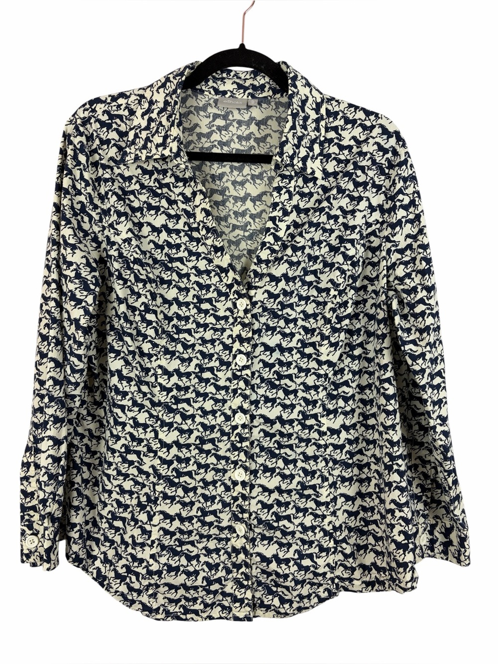 eShakti Horse Print Cotton Button Front Blouse Size XL Navy & Ivory Equestrian